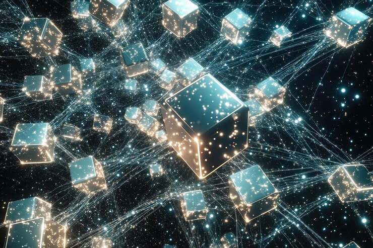 Foto red blockchain futurista con cubos de datos brillantes y conexiones por ia generativa