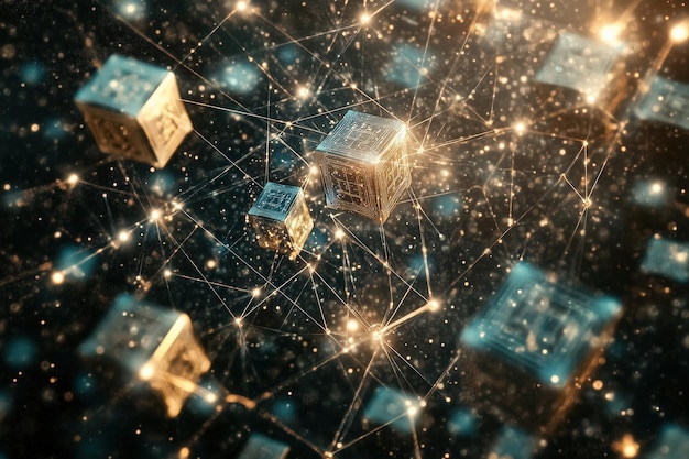 Red blockchain futurista con cubos digitales brillantes por IA generativa