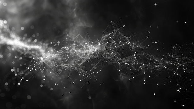 Una red brillante abstracta de puntos interconectados y líneas en cascada a través de un fondo oscuro que ilustra conceptos de conectividad y estructuras de red