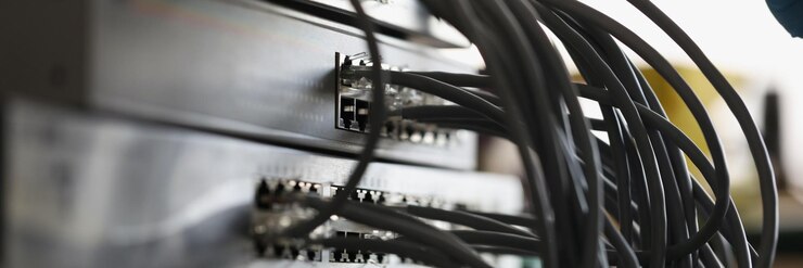 Foto red de cable conectada a servidores de conmutadores de internet en el centro de datos