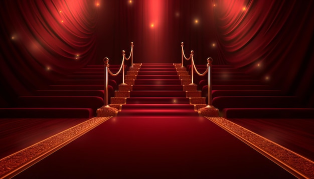 Red Carpet Bollywood Stage Maroon Steps Spot Light Telón de fondo de los Golden Regal Awards Generative ai