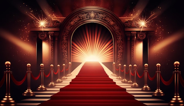 Red Carpet Bollywood Stage Steps Spot Lights Golden Royal Awards Gráficos Fondo Generativo ai