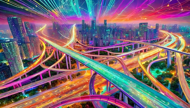 Foto una red de carreteras elevadas atraviesa la ciudad sirviendo como arterias que conectan