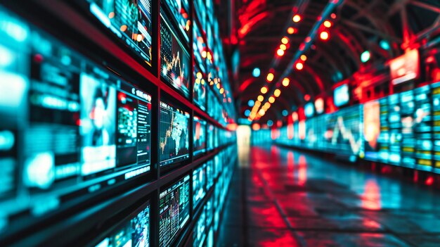 Red de centros de datos Una sala de servidores en un centro de datos con filas de equipos de red que simbolizan la gestión de datos y la conectividad