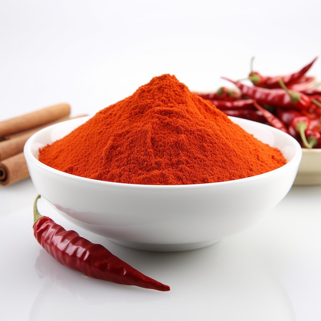 Red Chilly Powder em uma tigela sobre um fundo humorístico e branco foco seletivo