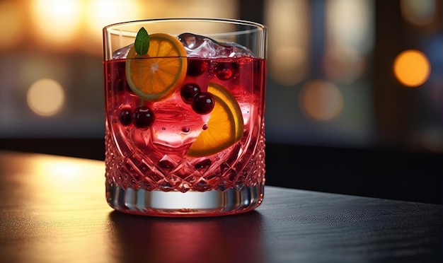 Foto red cocktail glass fatias de laranja e bagas