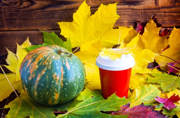 Red Coffee to go cup witn marple leaf and pumpkin