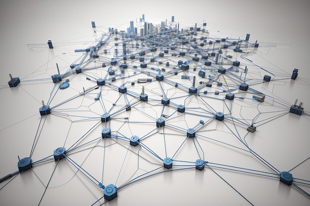 Una red compleja de líneas y rejillas entrelazadas que sugiere una red tecnológica de conexiones