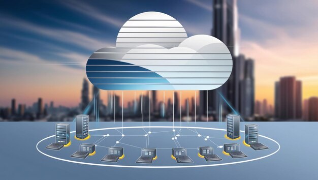 Red de computación en la nube sobre el paisaje urbano en el crepúsculo