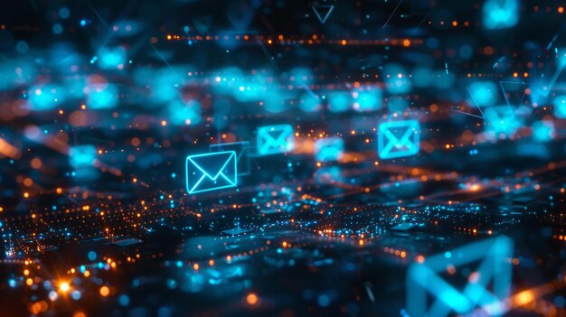 Red de comunicación digital abstracta con íconos de correo electrónico brillantes