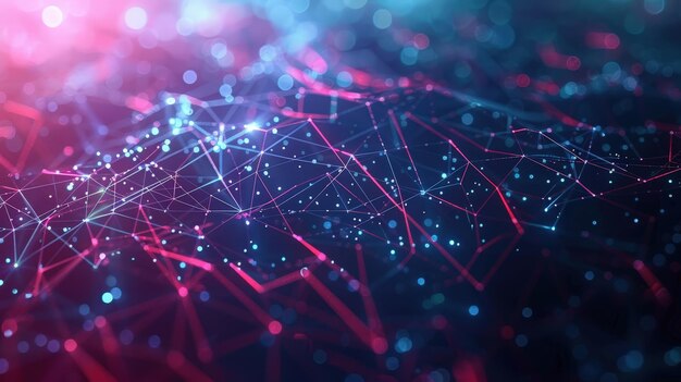 Red de conexiones digitales con luces de neón brillantes y Bokeh Ai Generative