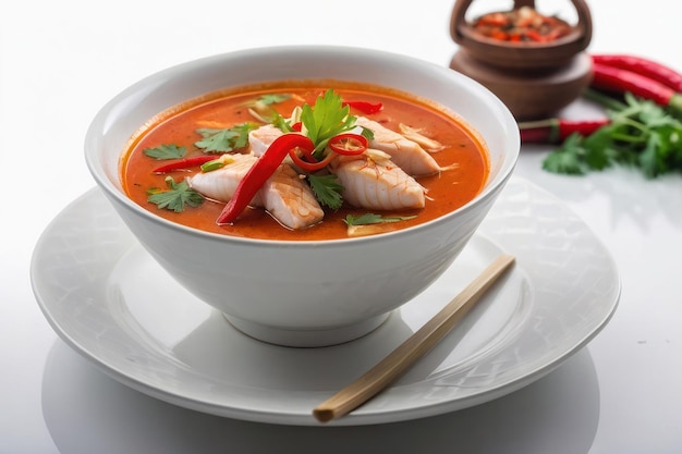 Red Curry Pangasius Peixe Sopa picante em tigela branca