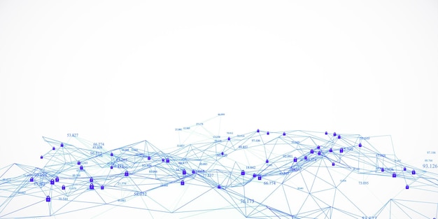 Red de datos abstractos con iconos de bloqueo de seguridad en fondo blanco Renderización 3D