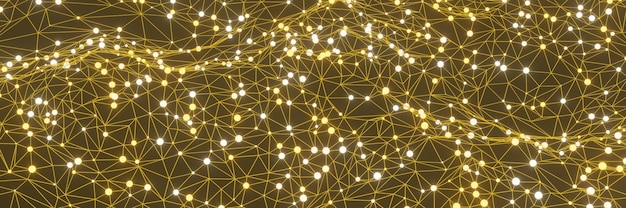 Red de datos amarilla renderizada en 3D. Fondo de cuadrícula abstracta.