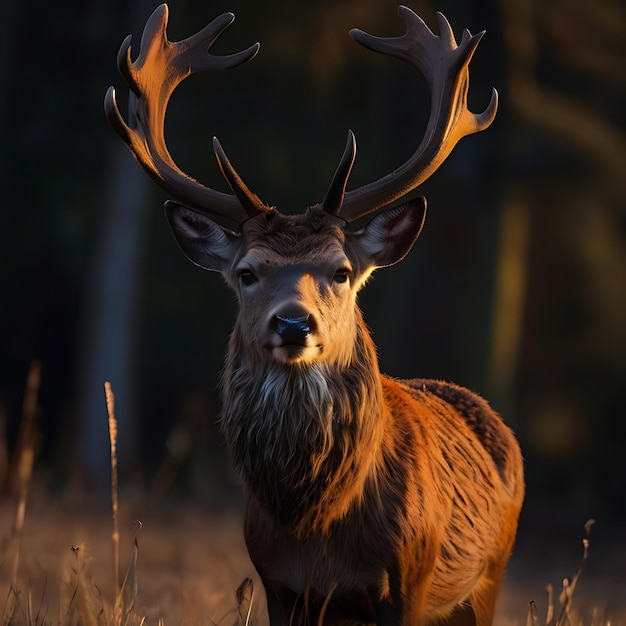 Red Deer in Morning Sun fundo escuro e brilhante gerado pela IA