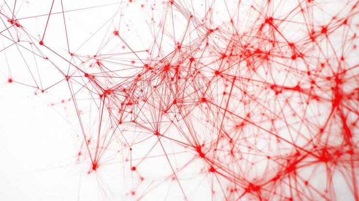 Foto una red de delgadas líneas rojas que conectan nodos blancos brillantes en un fondo blanco limpio las líneas forman