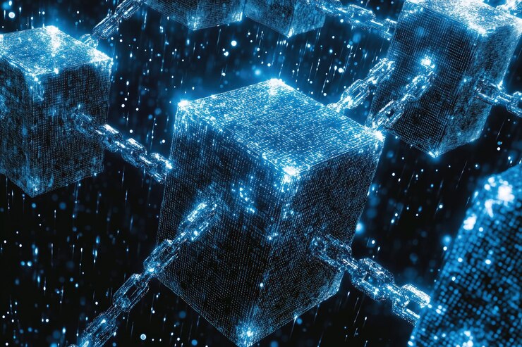 Foto red digital de blockchain con cubos de datos brillantes por ia generativa