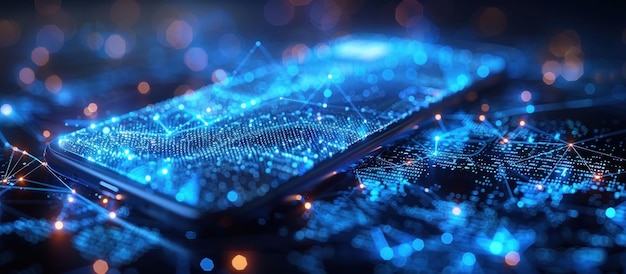 Red digital y conexiones en una pantalla de teléfono inteligente