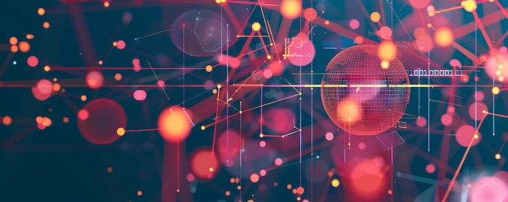 Foto red digital futurista con conexiones brillantes y esfera de datos