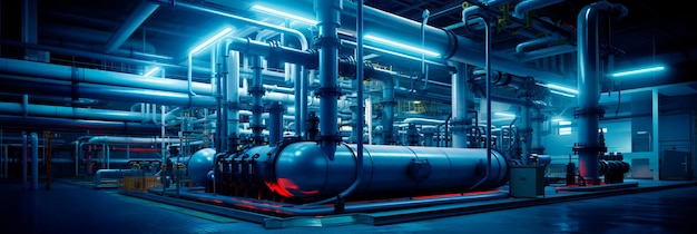 red de distribución de tuberías en un complejo industrial que conecta diferentes instalaciones de producción