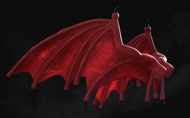 Red Dragon Wing, Red Devil Wings, Red Demon Wing Gefieder auf dunklem Hintergrund isoliert