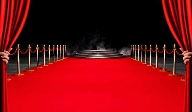 Red Event Carpet, Stair and Gold Rope Barrier Concepto de éxito y triunfo