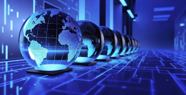 Red global de datos: globos digitales en una sala de servidores azul