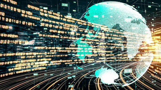 Red global futurista y transferencia de datos digitales tácita Gráfico 3D Concepto de transformación digital inteligente y disrupción tecnológica que cambia las tendencias globales en la nueva era de la información