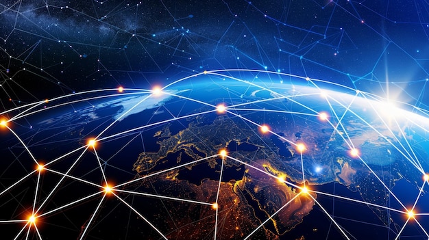 Red global de luces y líneas conectadas sobre la Tierra