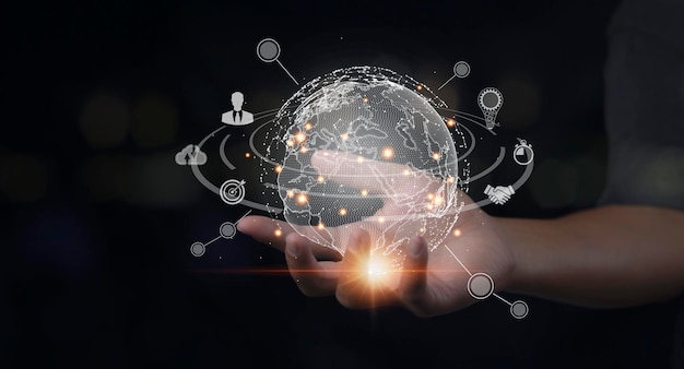 Red global de marketing digital e intercambios de datos en todo el mundo Representación 3D Tecnología empresarial Mano que sostiene la red global y datos de íconos conexión del cliente
