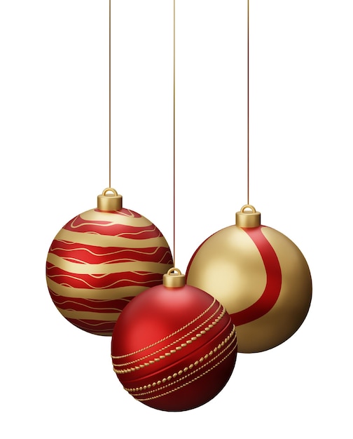 Red y Gold Cricket Hanging Christmas Balls 3d muestra una ilustración aislada sobre un fondo blanco