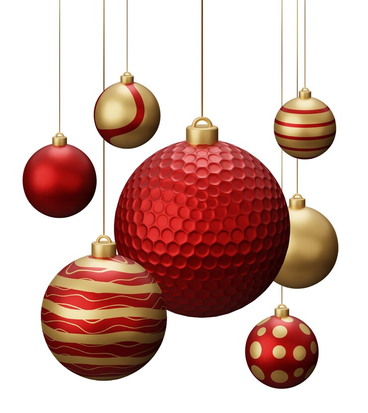 Foto red y gold golf hanging christmas balls 3d muestra una ilustración aislada sobre un fondo blanco