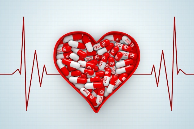 Red Heart Box mit Pillen auf einem Kardiogramm-Hintergrund extreme Nahaufnahme. 3D-Rendering.