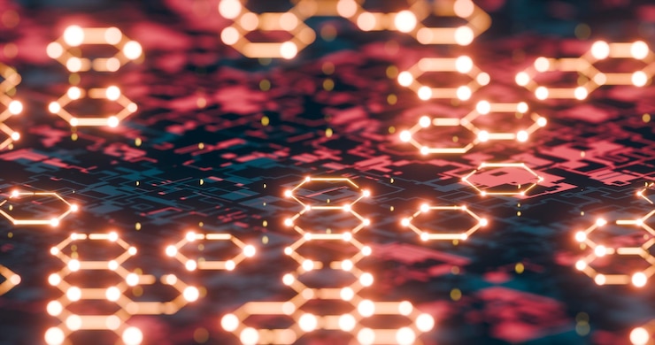 Foto red hexagonal futurista con nodos brillantes y fondo digital