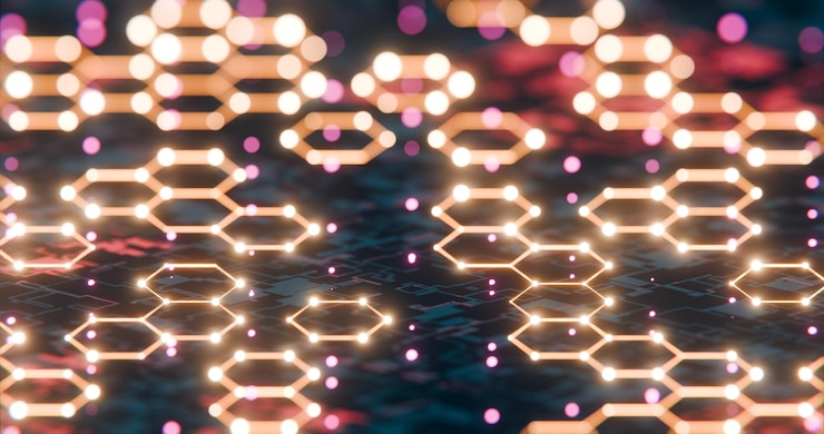 Foto red hexagonal futurista con nodos brillantes y fondo digital