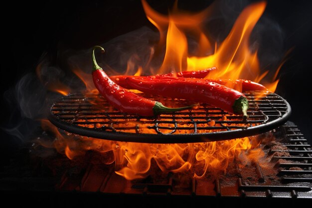 Red hot chili pepper ardiendo en una parrilla de metal