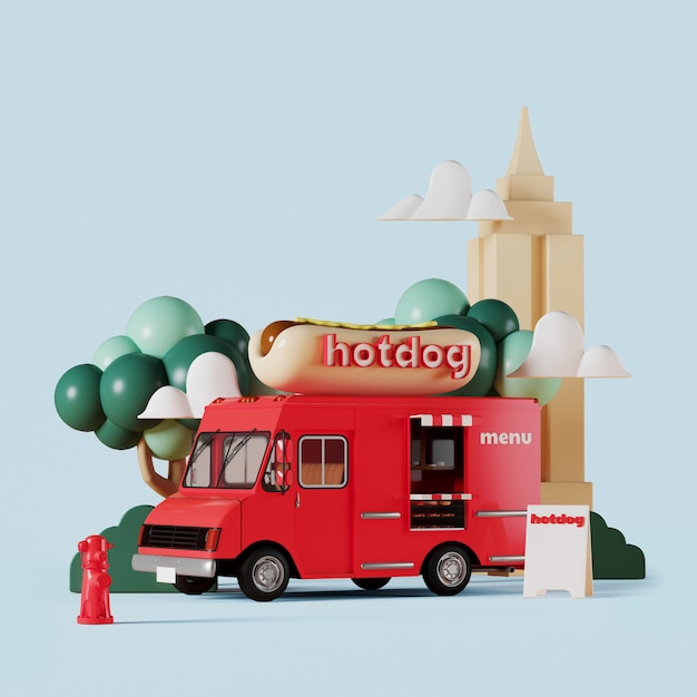 Foto red hot dog food truck mit garten auf blauem hintergrund