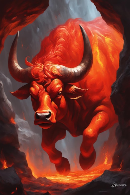 Red Hot Flaming Bull emergindo da caverna