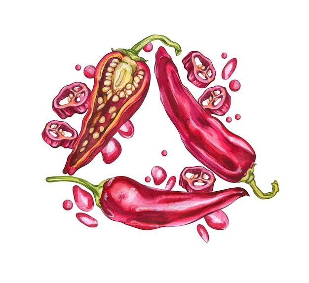 Red Hot Peppers Ilustração em aquarela de legumes Ilustração para design de menu de café e restaurante Composição de pimentas e granulado