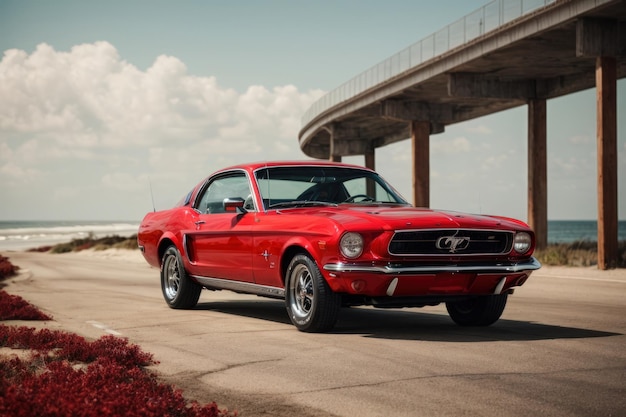 Foto red hot ride mustang auf dem scenic beach highway