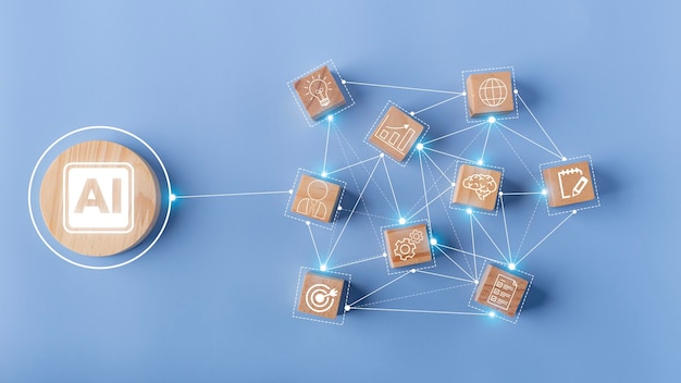 Red de IA con personas Bloque de cubo de madera con IA Sistema de inteligencia artificial Inteligencia artificial un chatbot de inteligencia artificial Conversación de aplicación de robot de chatbot digital