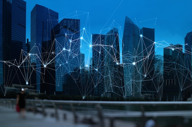 Red inalámbrica y concepto de tecnología de conexión con antecedentes abstractos de la ciudad de Singapur