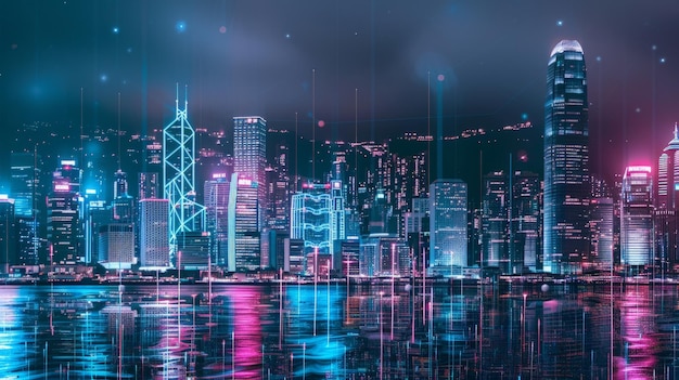 Red inteligente y concepto de tecnología de conexión Ciudad digital de Hong Kong Fondo nocturno en el puerto de Victoria