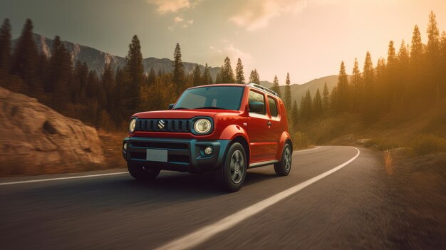 Red jeep wrangler dirigindo em uma estrada