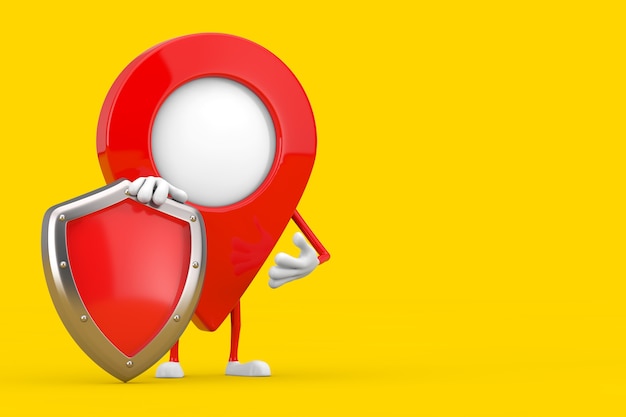 Red Map Pointer Target Pin Character Mascote com escudo de proteção de metal vermelho sobre um fundo amarelo. Renderização 3D