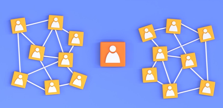 Foto red de negocios de gestión de recursos humanos y comunicación 3d render bloques cuadrados amarillos con iconos de personas conectados por líneas blancas gerente o líder de la empresa en el centro equipos que trabajan en nuevos proyectos