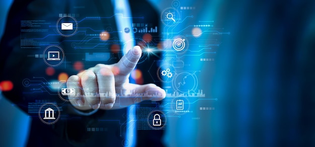 Red de negocios Tecnología digital de marketing Estrategia y planificación de inversiones Banca Finanzas y acciones Intercambio de datos Empresario tocando la pantalla virtual