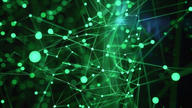 Red neuronal verde brillante Fondo futurista abstracto Renderización en 3D de la inteligencia artificial