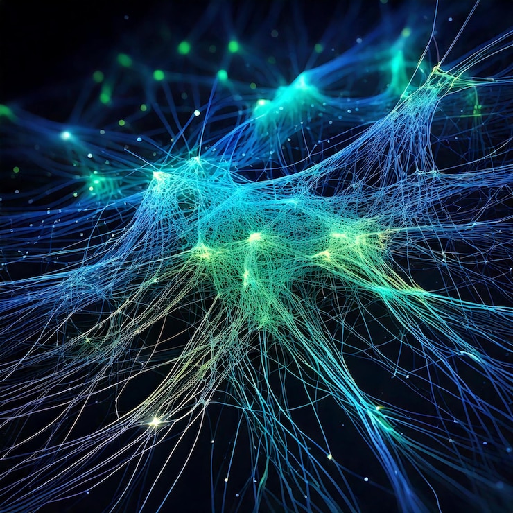 Foto una red neuronal visualizada como una red brillante de líneas azules y verdes sobre un fondo oscuro