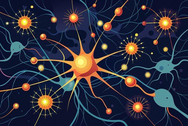 Una red de neuronas interconectadas que se activan rápidamente representando un procesamiento de alta velocidad